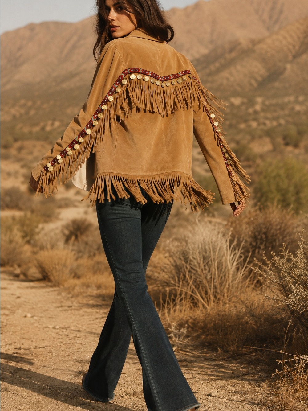VTG Marlboro Country Store Suede Fringe Western Jacket Custom Coin Trim Sz S